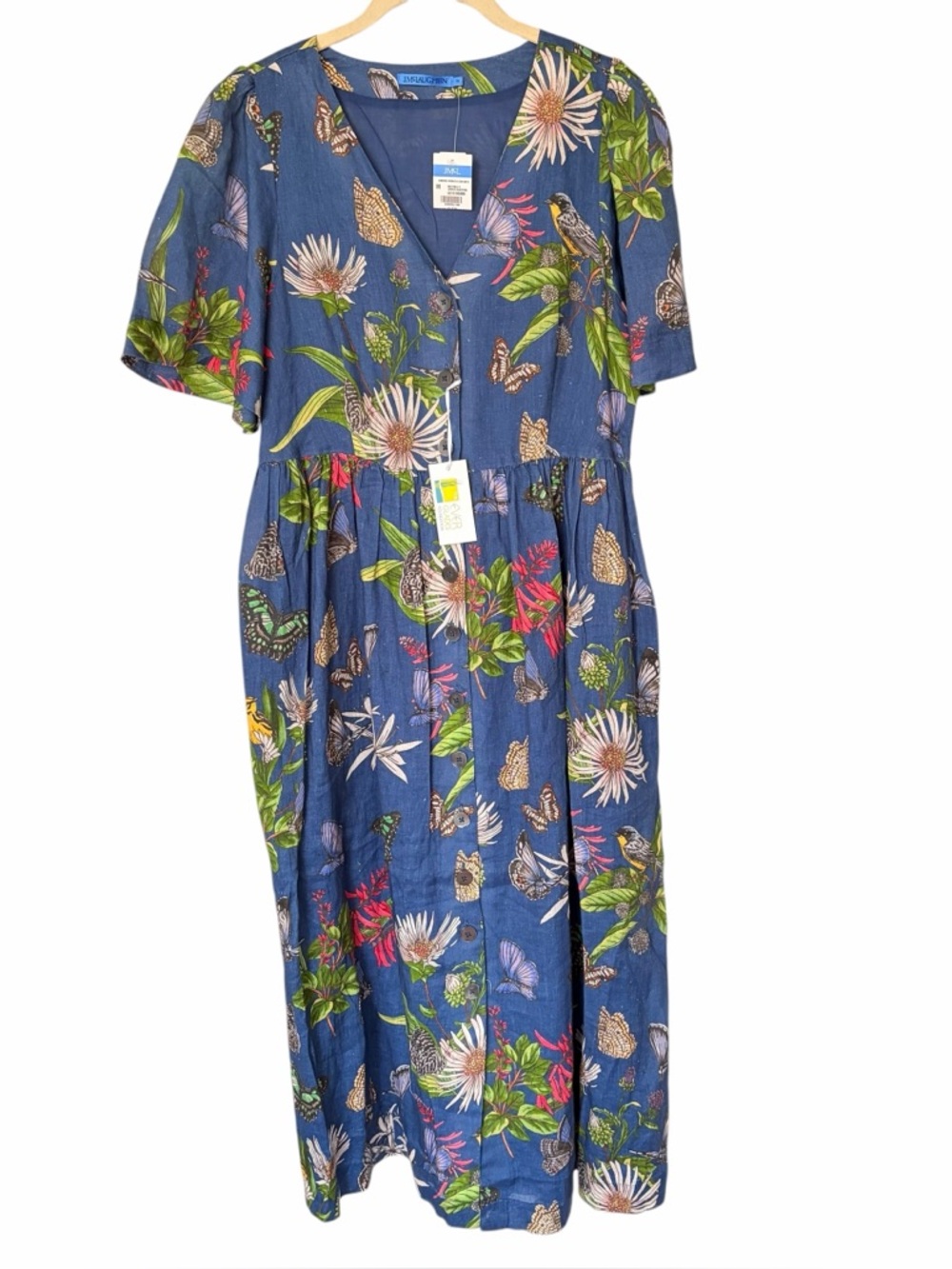 J. Mclaughlin Annora Linen Jardin Mariposa Floral Button up Sleeve Midi Dress M - Picture 6 of 11